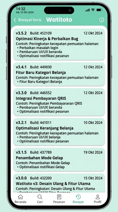 Tampilan riwayat versi watitoto